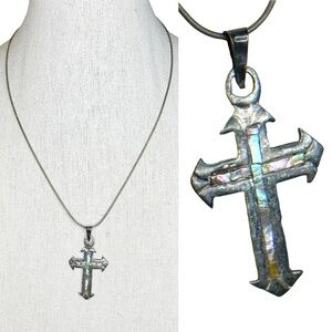 Vintage Mexican Sterling Silver 925 Abalone Inlay Cross Pendant Necklace